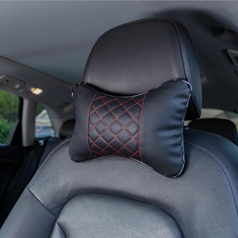 Synterior Set of 2 Quilted Faux Leather Car Headrest Pillow, Black Case/Red Threading, Ergonomic Neck Support for Comfortable Driving (Black Base/Red Thread) - Image 1